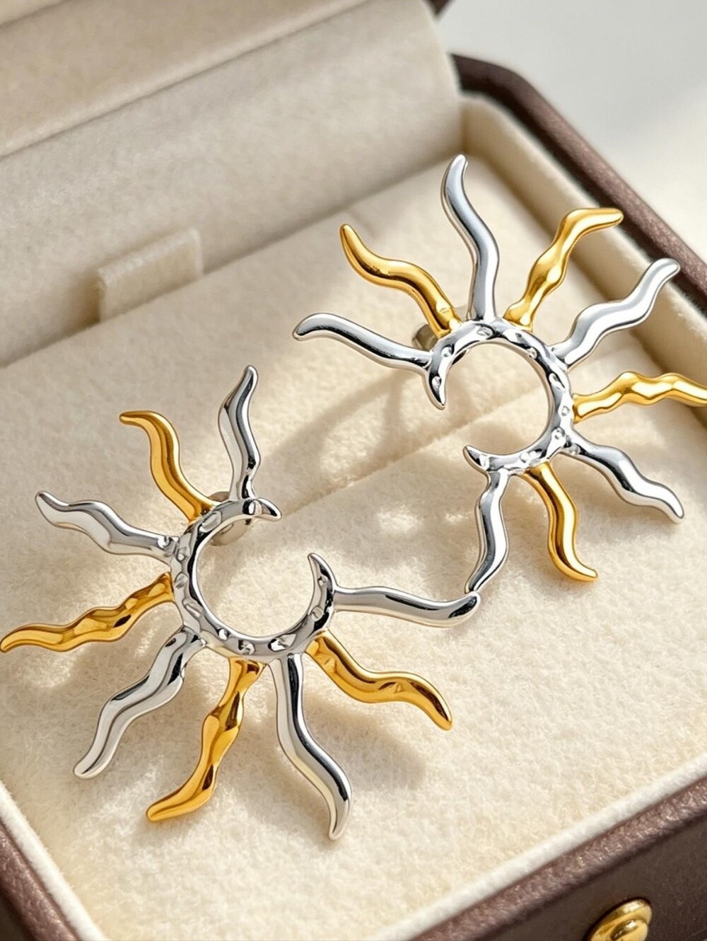Two Tone Sunburst Statement Earrings Gold & Silver Celestial Modern Jewelry
